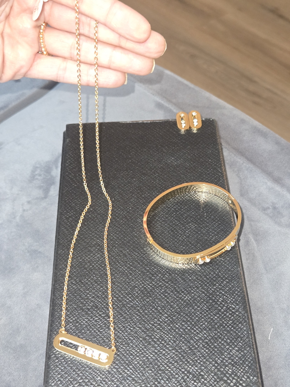 Stainless Steel Gold Tone Necklace, Bracelet & Earrings Jewelry Set - Picture 9 of 9